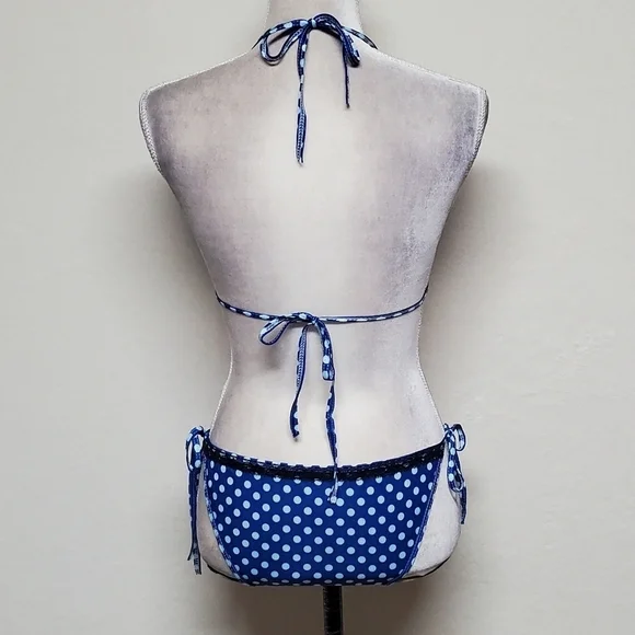 90s Vintage OOAK Handmade Blue Polka-dot Black Lace Side-Tie Triangle Bikini S - Picture 11 of 16